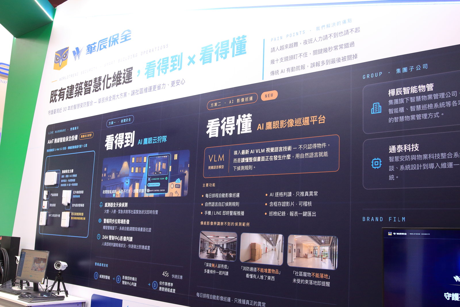華辰保全 2026 國際永續智慧建築展 A09 展位主視覺牆，主題為「既有建築智慧化維運，看得到 × 看得懂」