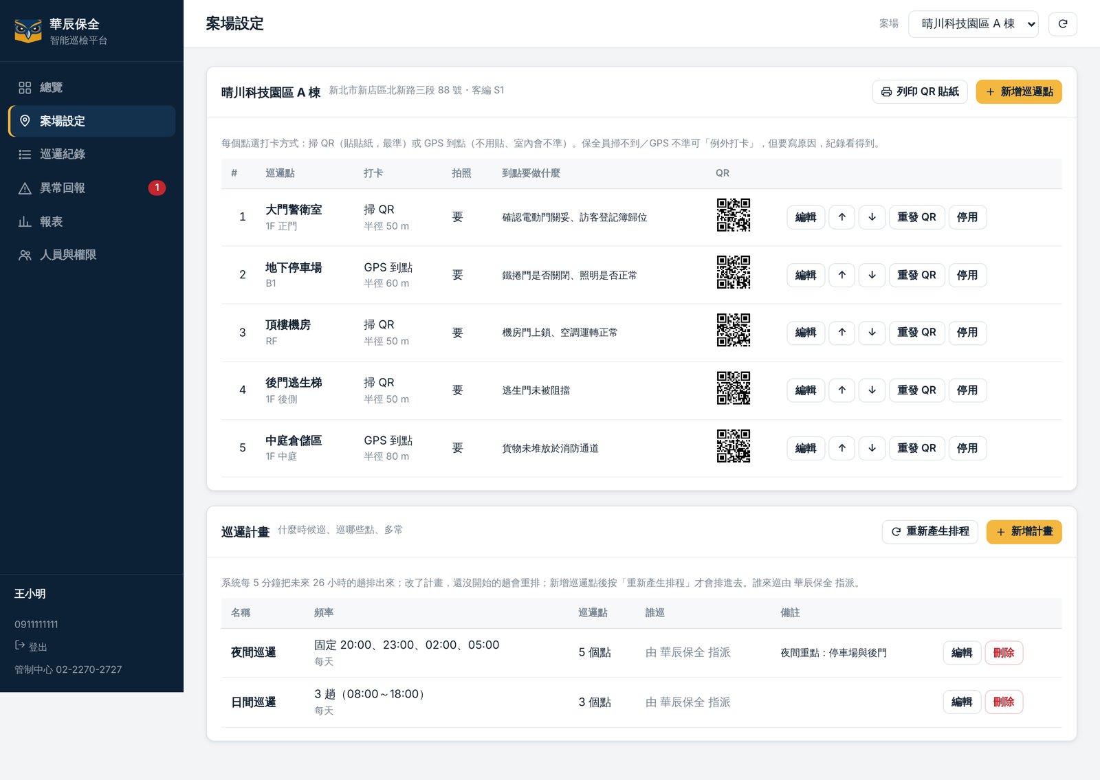 Site settings: checkpoints, QR stickers, patrol plans